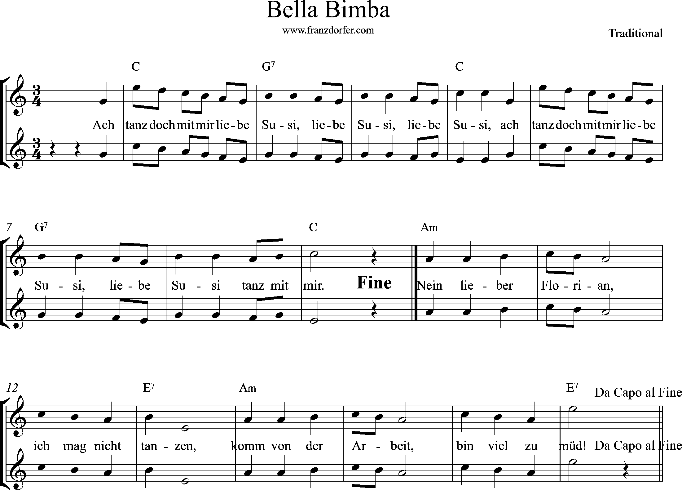 Noten Bella Bimba, C-Dur Bella bimba Duo Noten, C-Dur